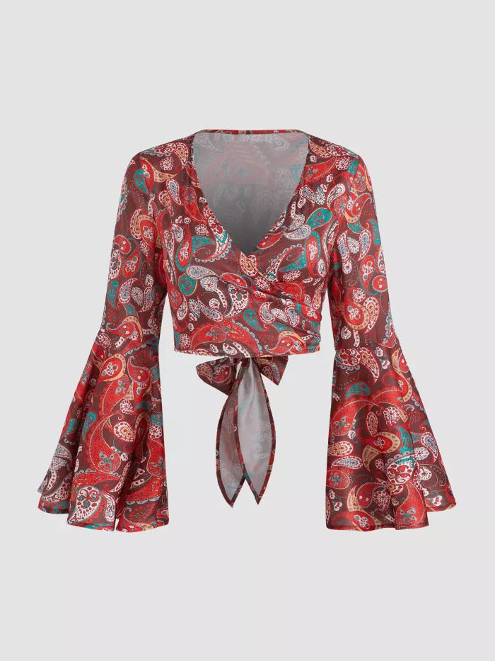 Scarf Print Bell Sleeve Wrap Top - Red