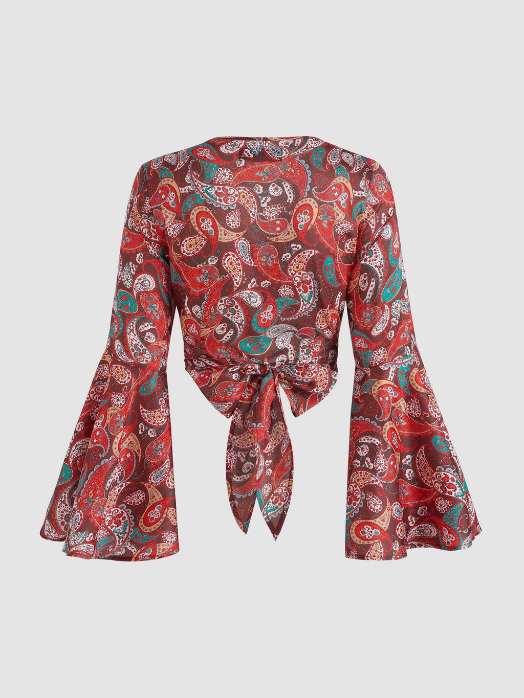 Scarf Print Bell Sleeve Wrap Top - Red - 1
