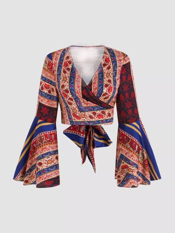 Scarf Print Bell Sleeve Wrap Top - Red-Blue