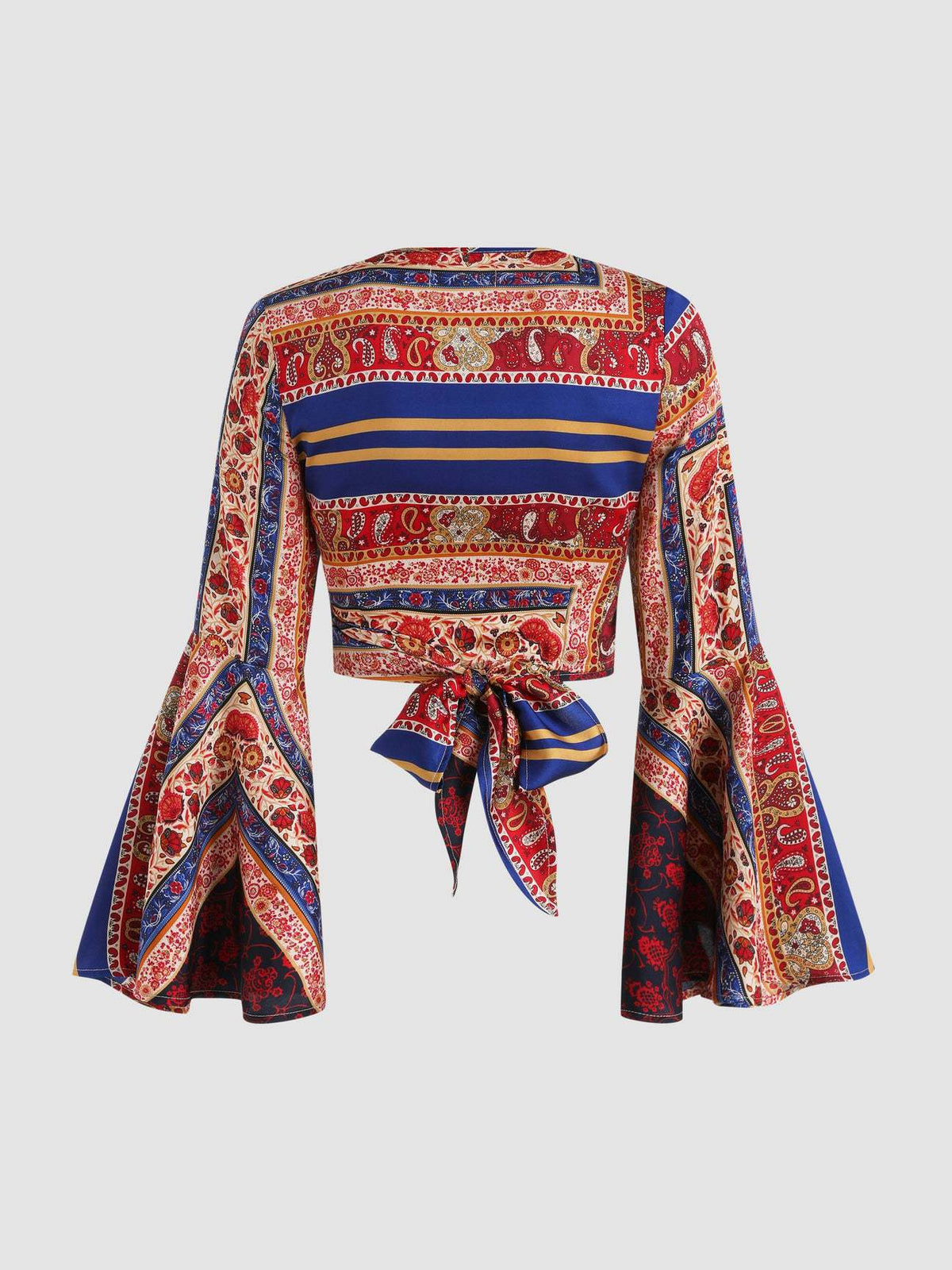 Scarf Print Bell Sleeve Wrap Top - Red-Blue - 1