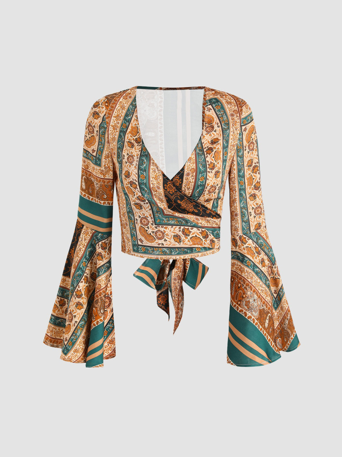Scarf Print Bell Sleeve Wrap Top - Yellow