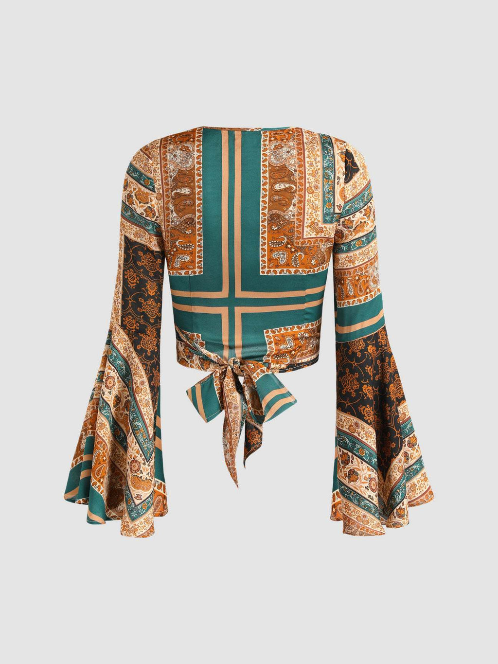 Scarf Print Bell Sleeve Wrap Top - Yellow - 1