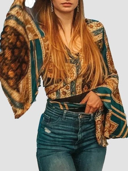 Scarf Print Bell Sleeve Wrap Top - Yellow - 2