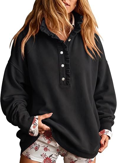 Ruffle Placket Half Button Oversized Sweatshirt - Black