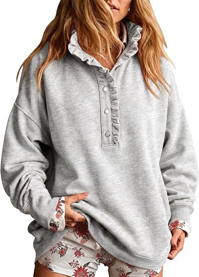 Ruffle Placket Half Button Oversized Sweatshirt - Grey