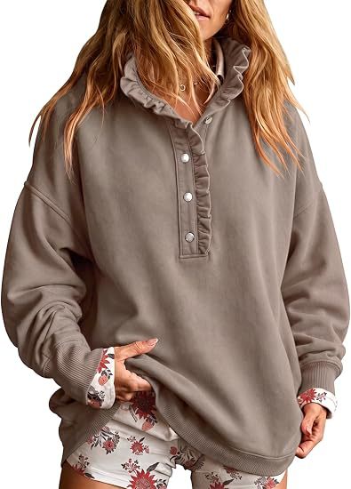 Ruffle Placket Half Button Oversized Sweatshirt - Khaki