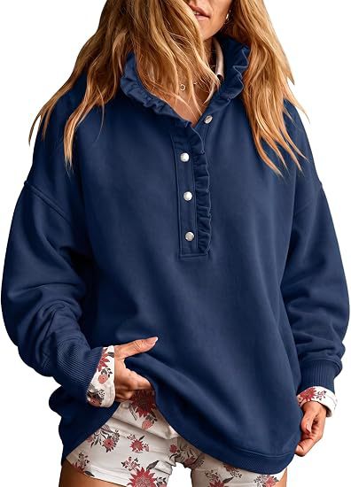 Ruffle Placket Half Button Oversized Sweatshirt - Navy