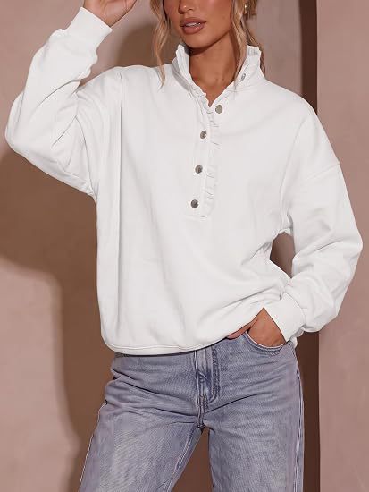 Ruffle Placket Half Button Oversized Sweatshirt - White
