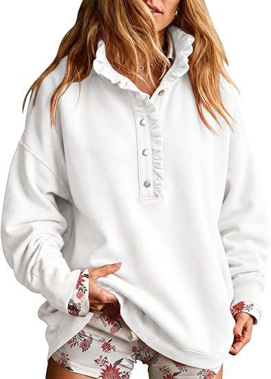 Ruffle Placket Half Button Oversized Sweatshirt - White - 1