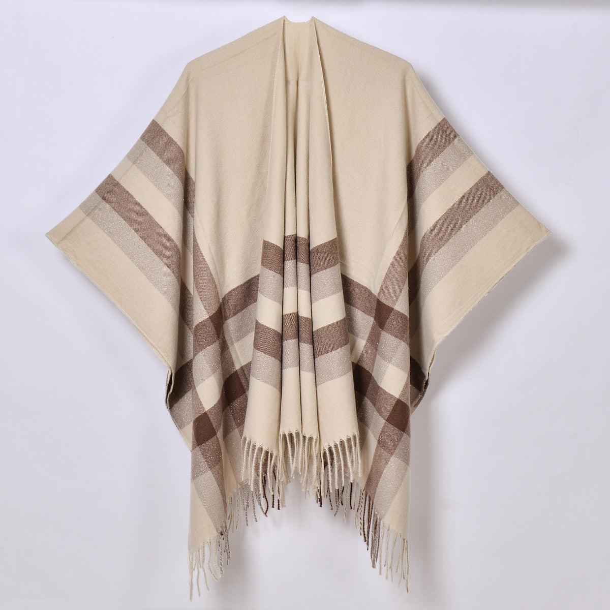 Striped Border Plaid Fringed Ruana Poncho - beige