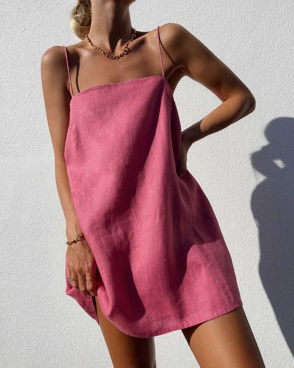 Straight Neck Cotton Cami Mini Dress - Rouge