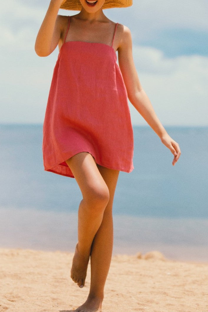 Straight Neck Cotton Cami Mini Dress - Rouge - 2