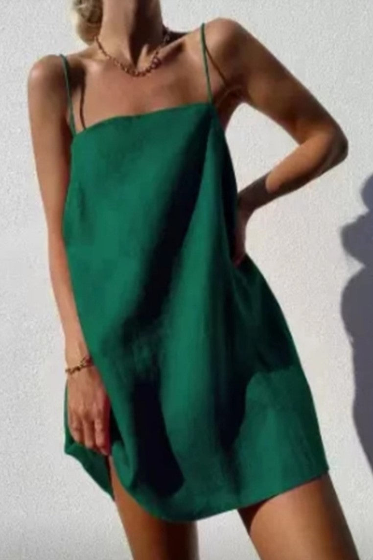 Straight Neck Cotton Cami Mini Dress - green