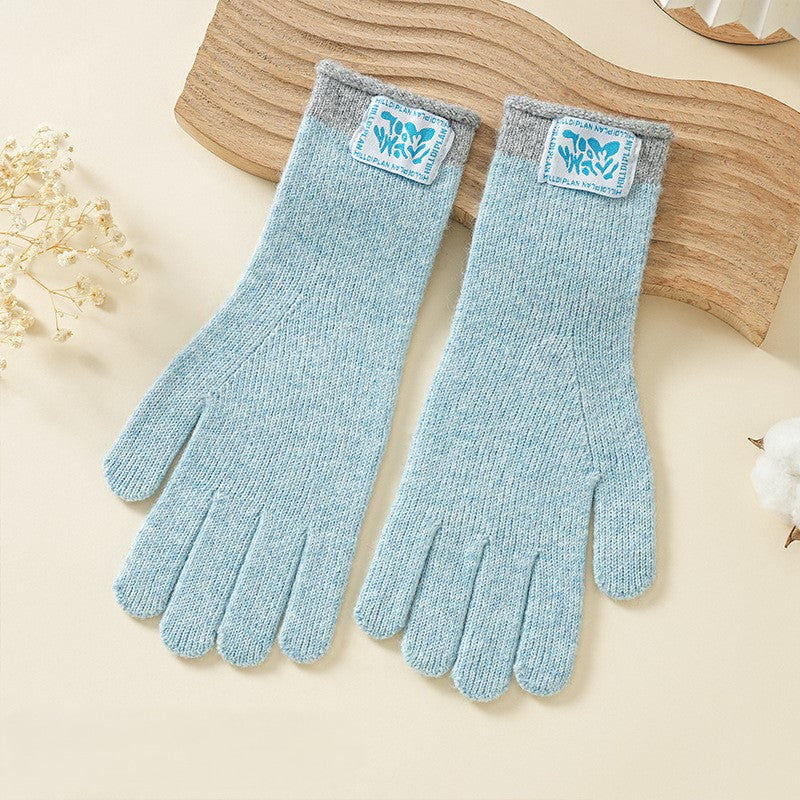 Contrast Cuff Touchscreen Knit Winter Gloves - Blue