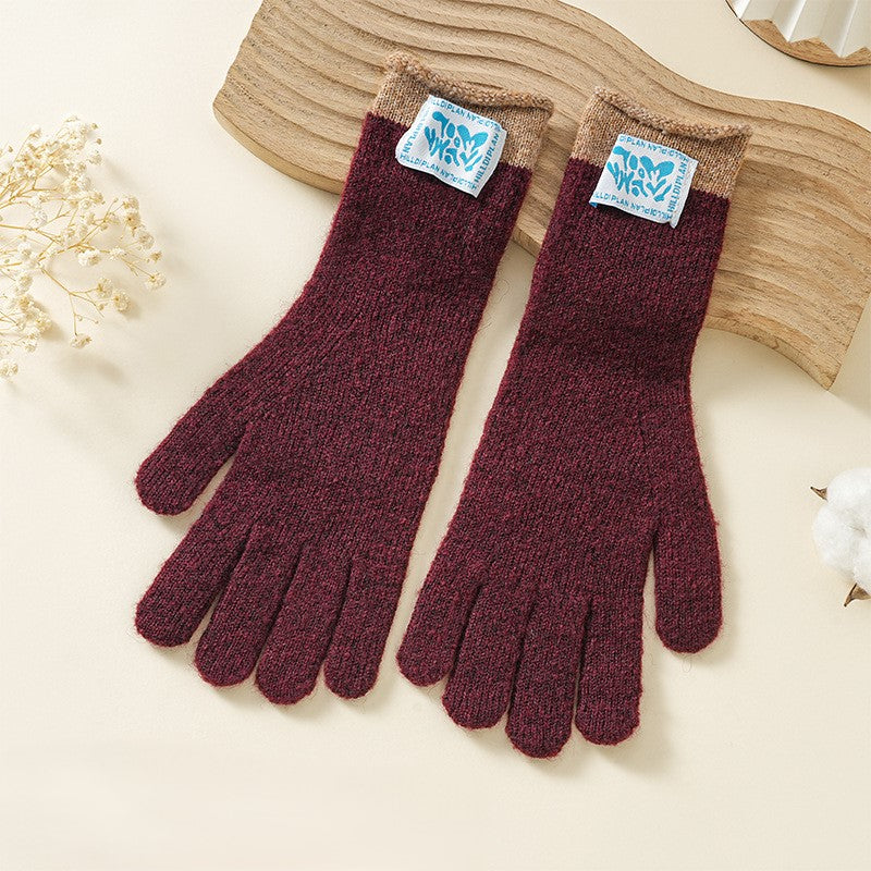 Contrast Cuff Touchscreen Knit Winter Gloves - Burgundy