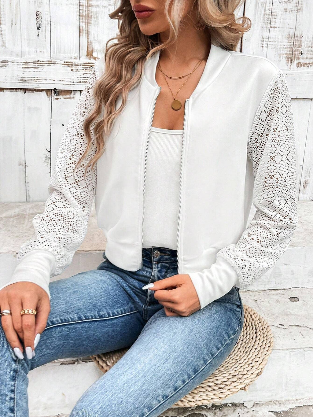 Crochet Lace Sleeve Cropped Bomber Jacket - White - 1