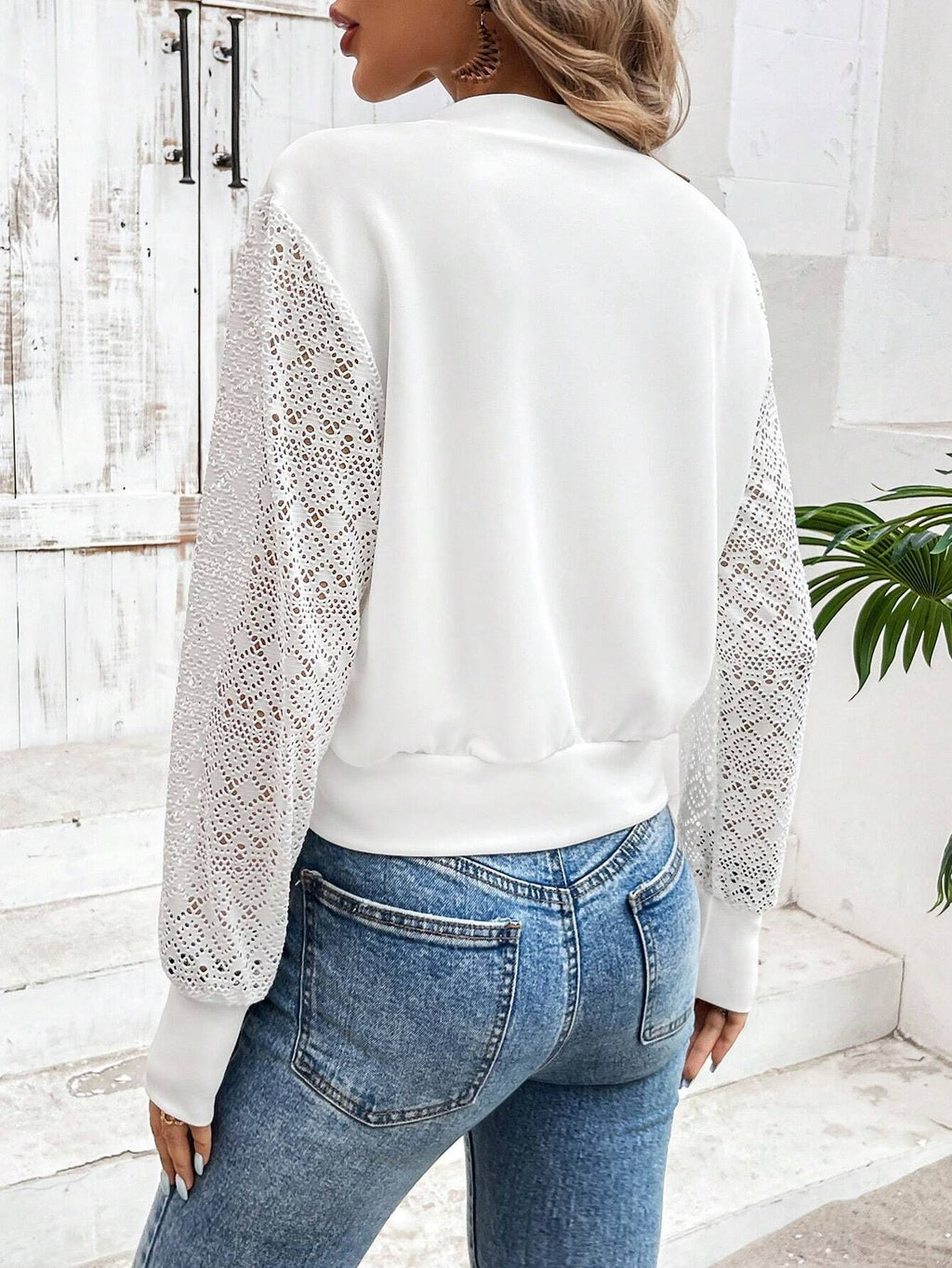 Crochet Lace Sleeve Cropped Bomber Jacket - White - 3