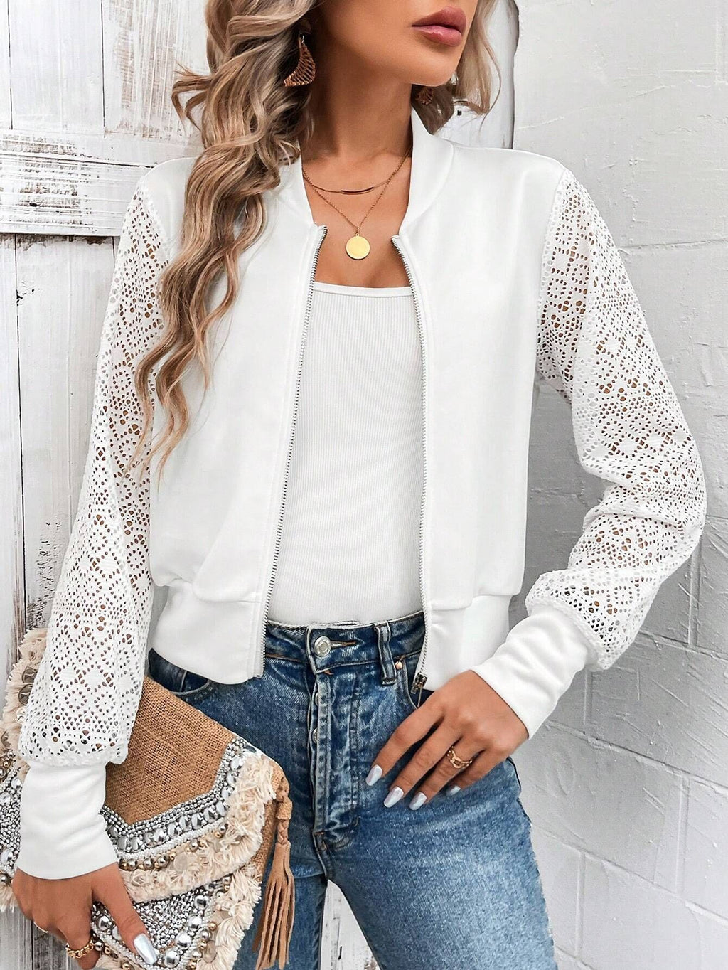 Crochet Lace Sleeve Cropped Bomber Jacket - view 1