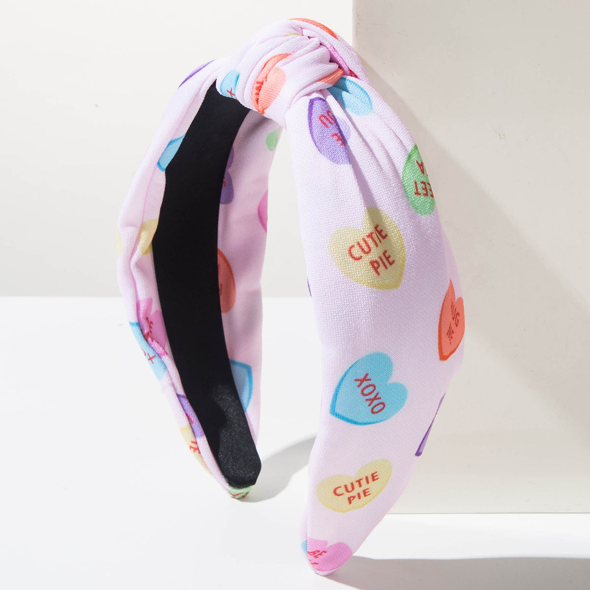 Conversation Heart Print Knot Headband - Pink-White