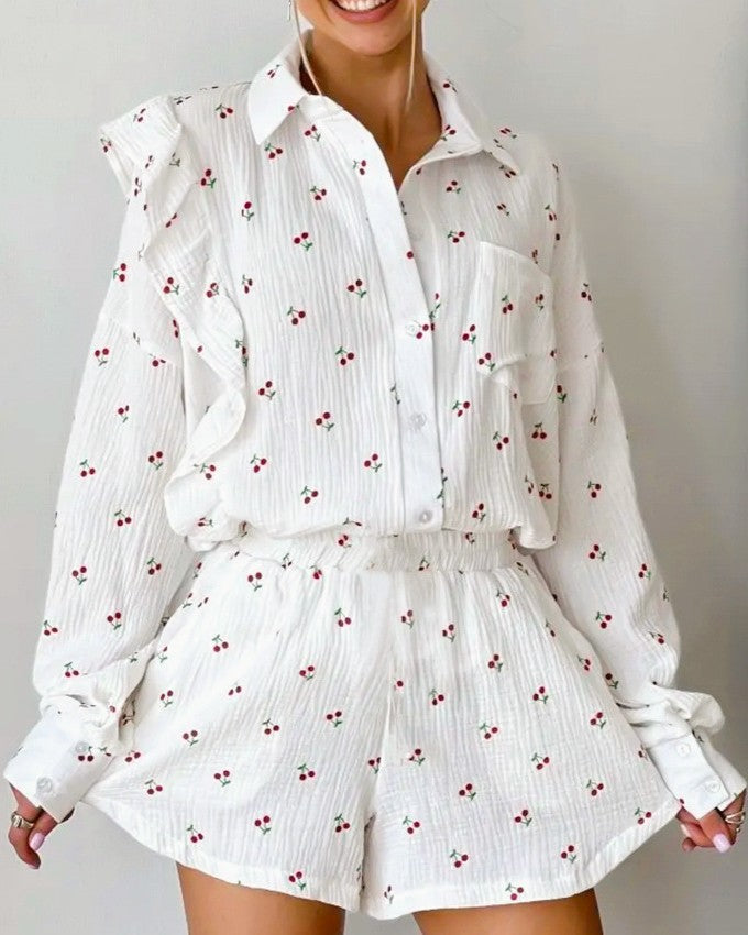 Cherry Print Ruffle Shirt and Shorts Set - White