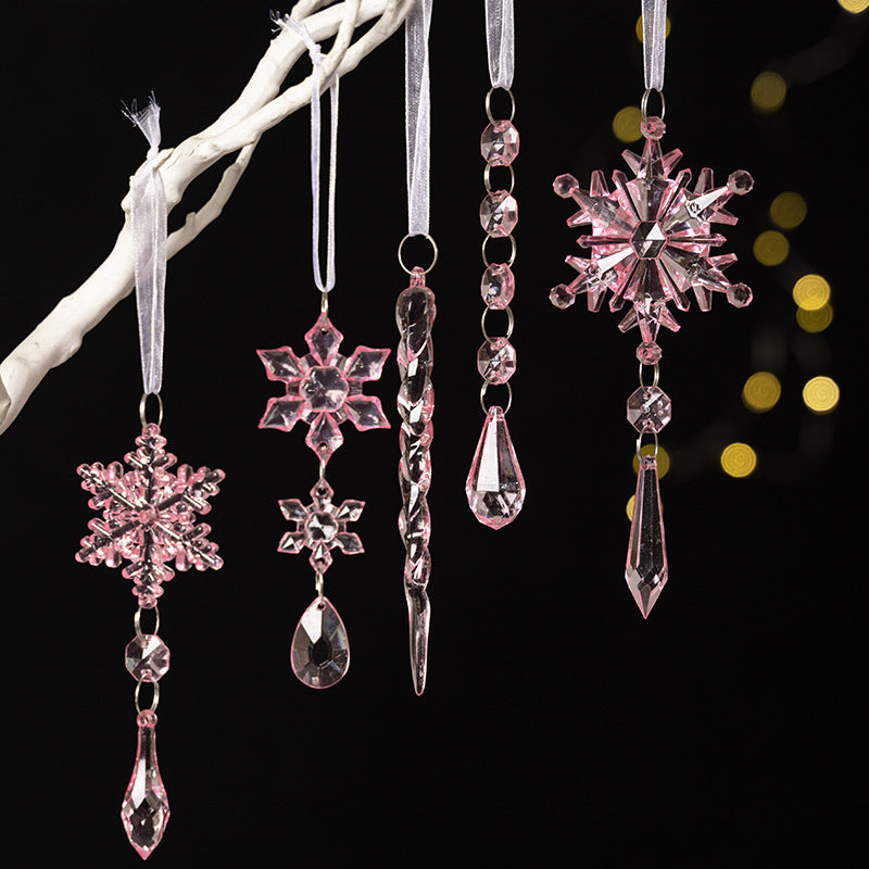 Snowflake Icicle Christmas Ornaments Set of 5 - Pink