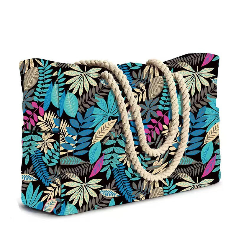 Striped Canvas Tote Bag With Rope Handles - Leafs