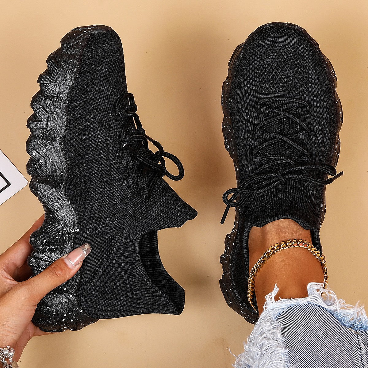 Wavy Platform Knit Sock Sneakers - Black