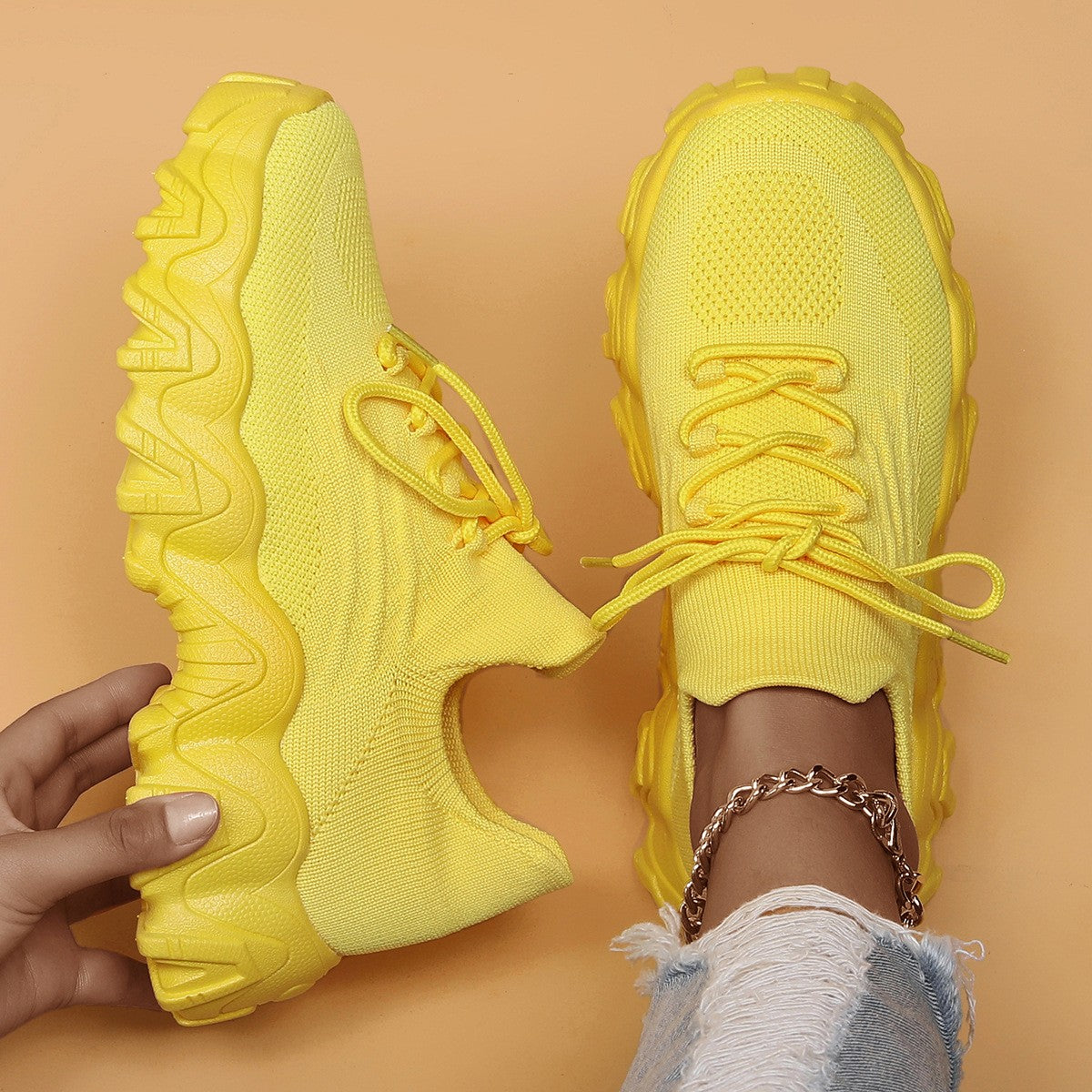Wavy Platform Knit Sock Sneakers - Lemon Yellow