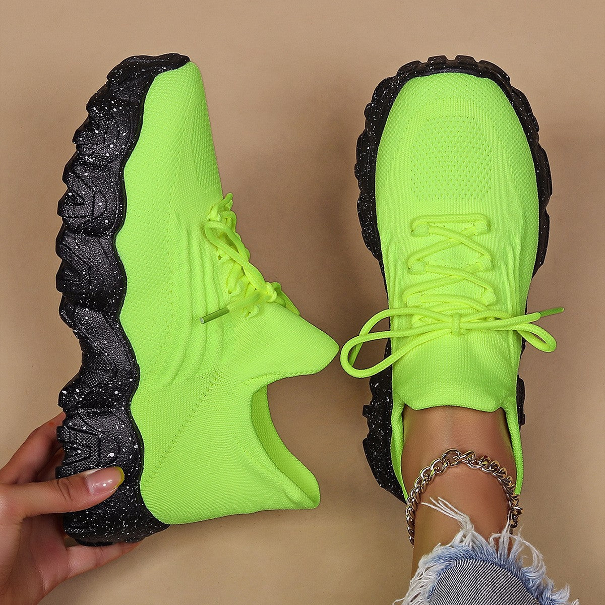 Wavy Platform Knit Sock Sneakers - Lime Black