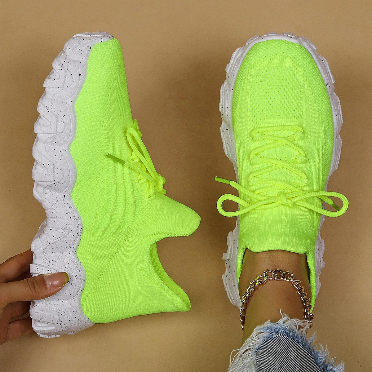 Wavy Platform Knit Sock Sneakers - Lime White