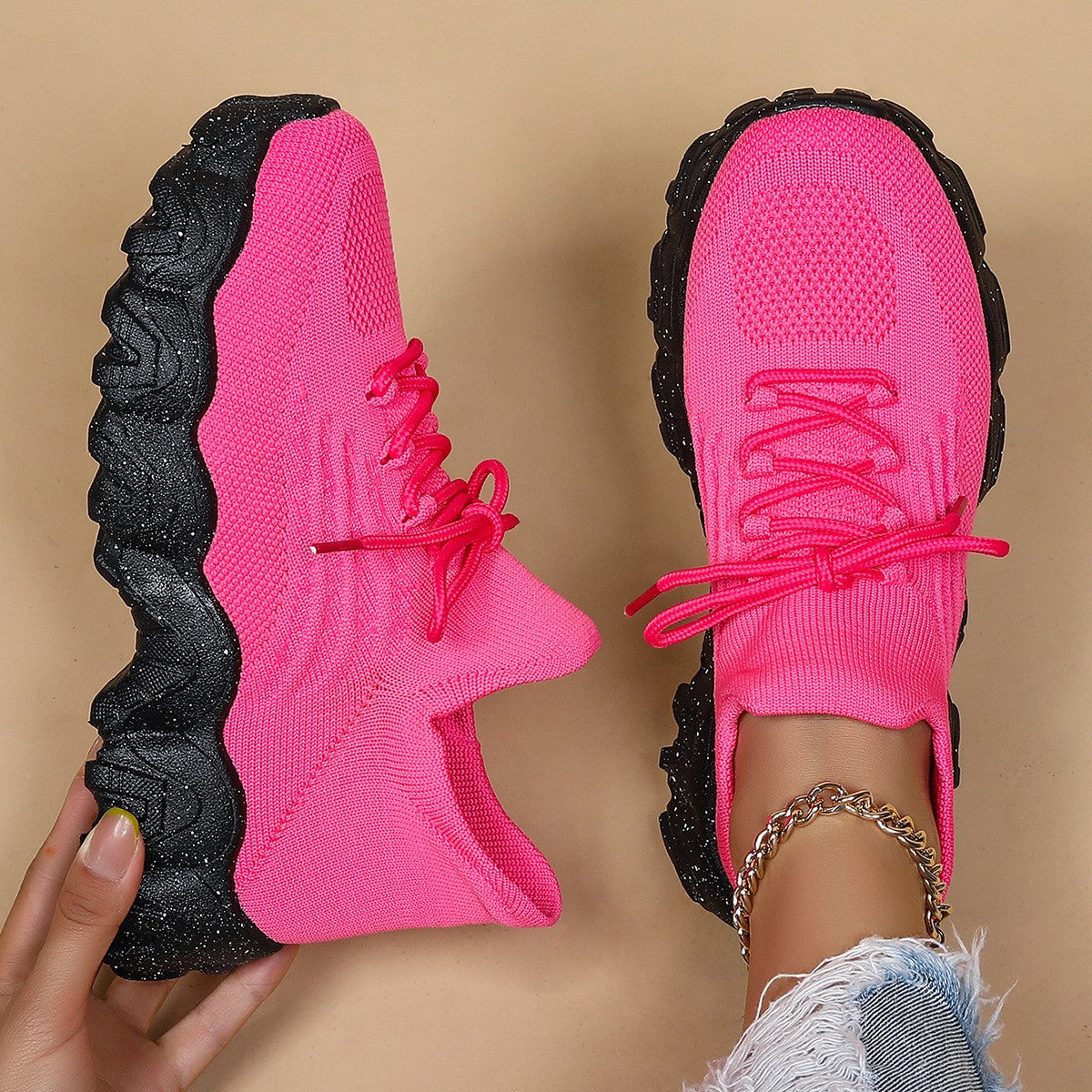Wavy Platform Knit Sock Sneakers - Pink Black