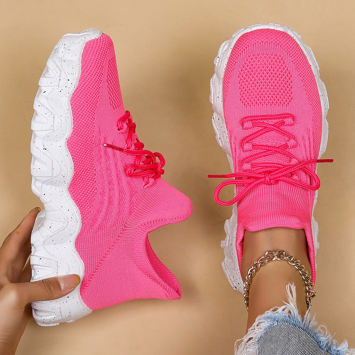 Wavy Platform Knit Sock Sneakers - Pink White