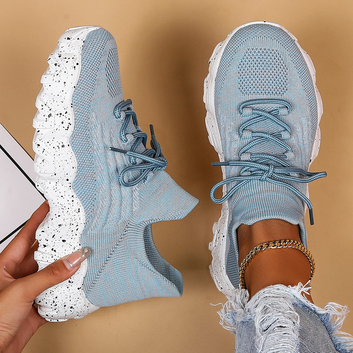 Wavy Platform Knit Sock Sneakers - Sky Blue