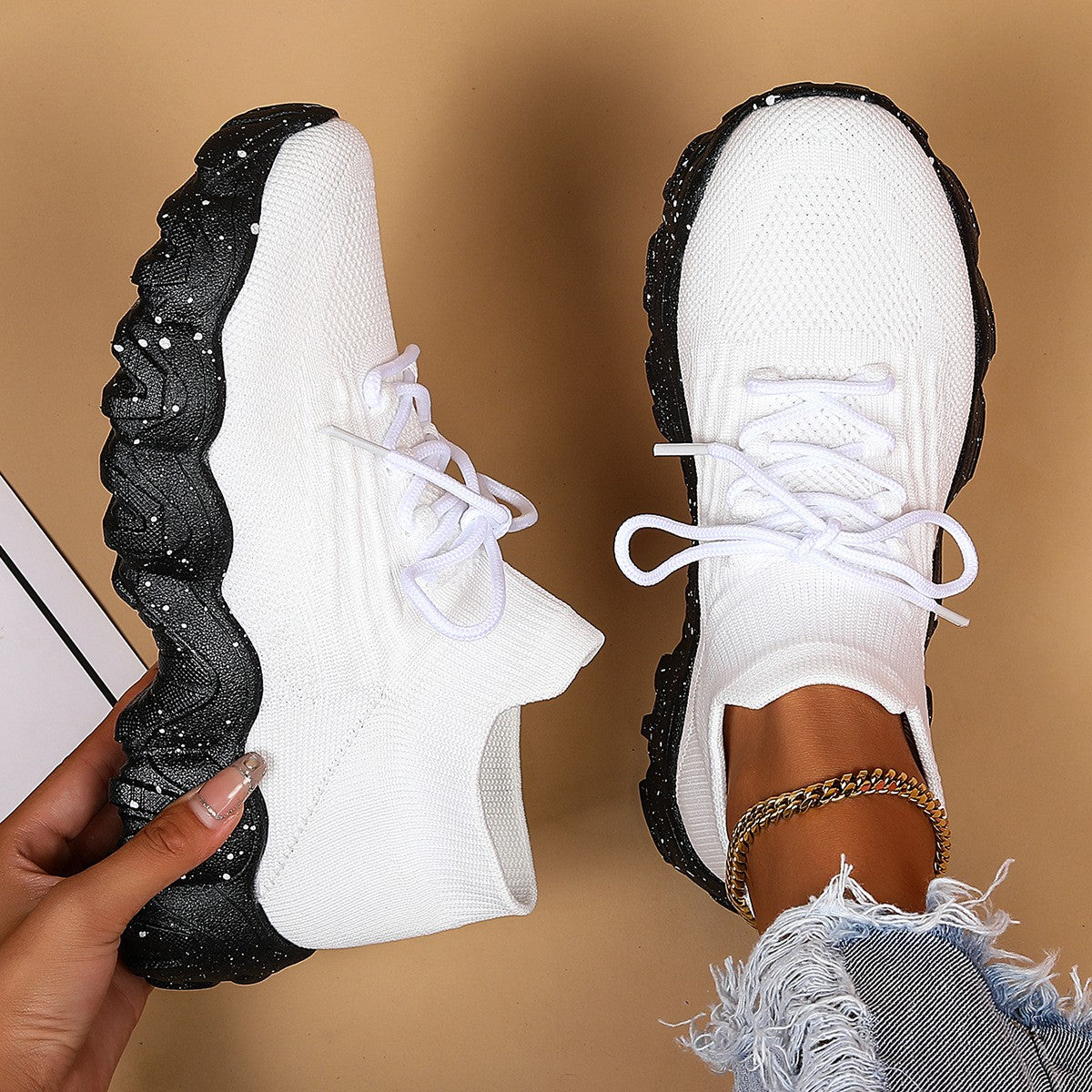 Wavy Platform Knit Sock Sneakers - White Black