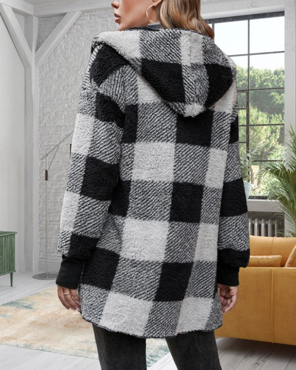 Buffalo Plaid Hooded Fleece Coat - Black - 1