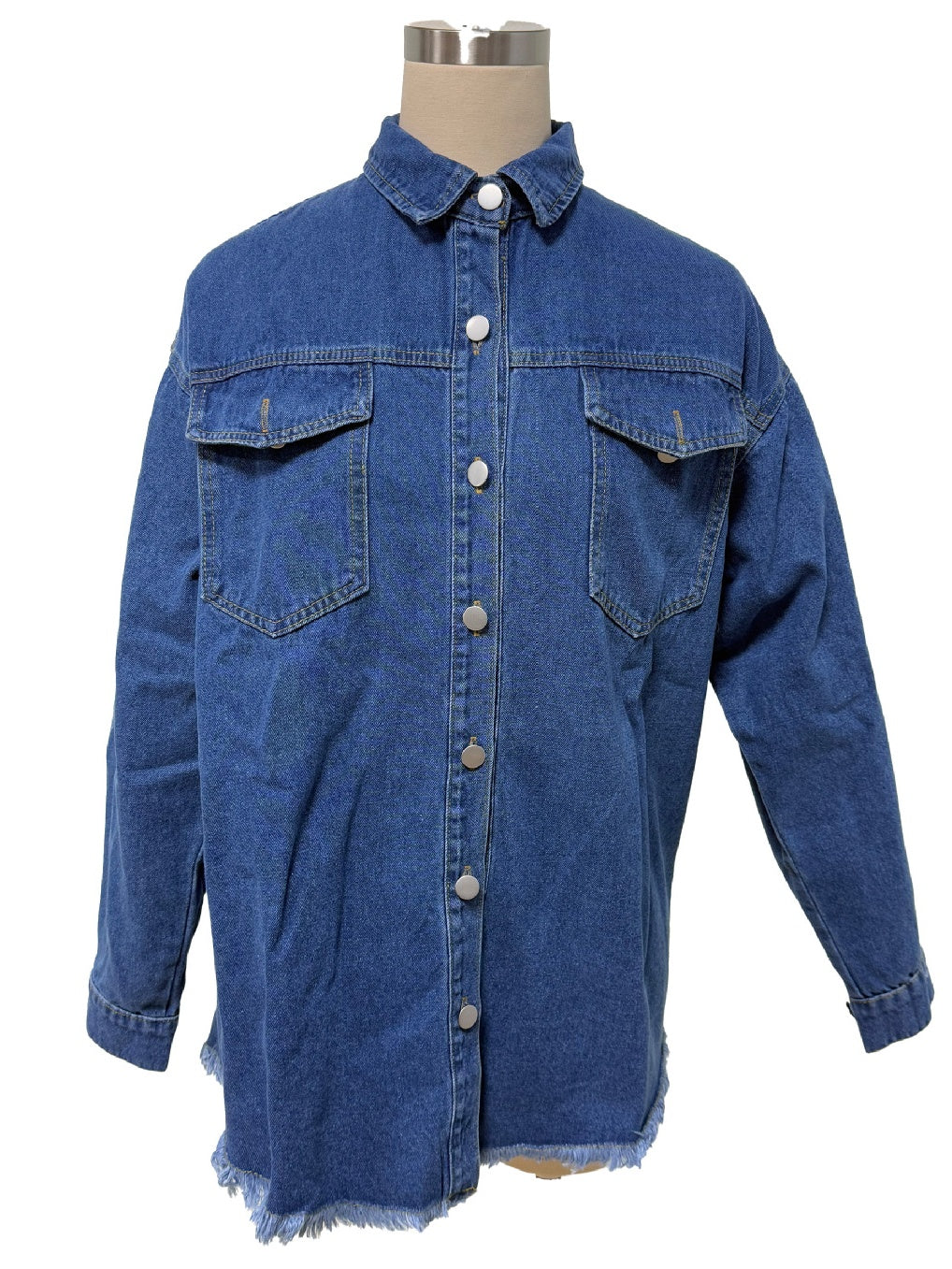 Raw Hem Longline Denim Shirt Jacket - MidiBlue