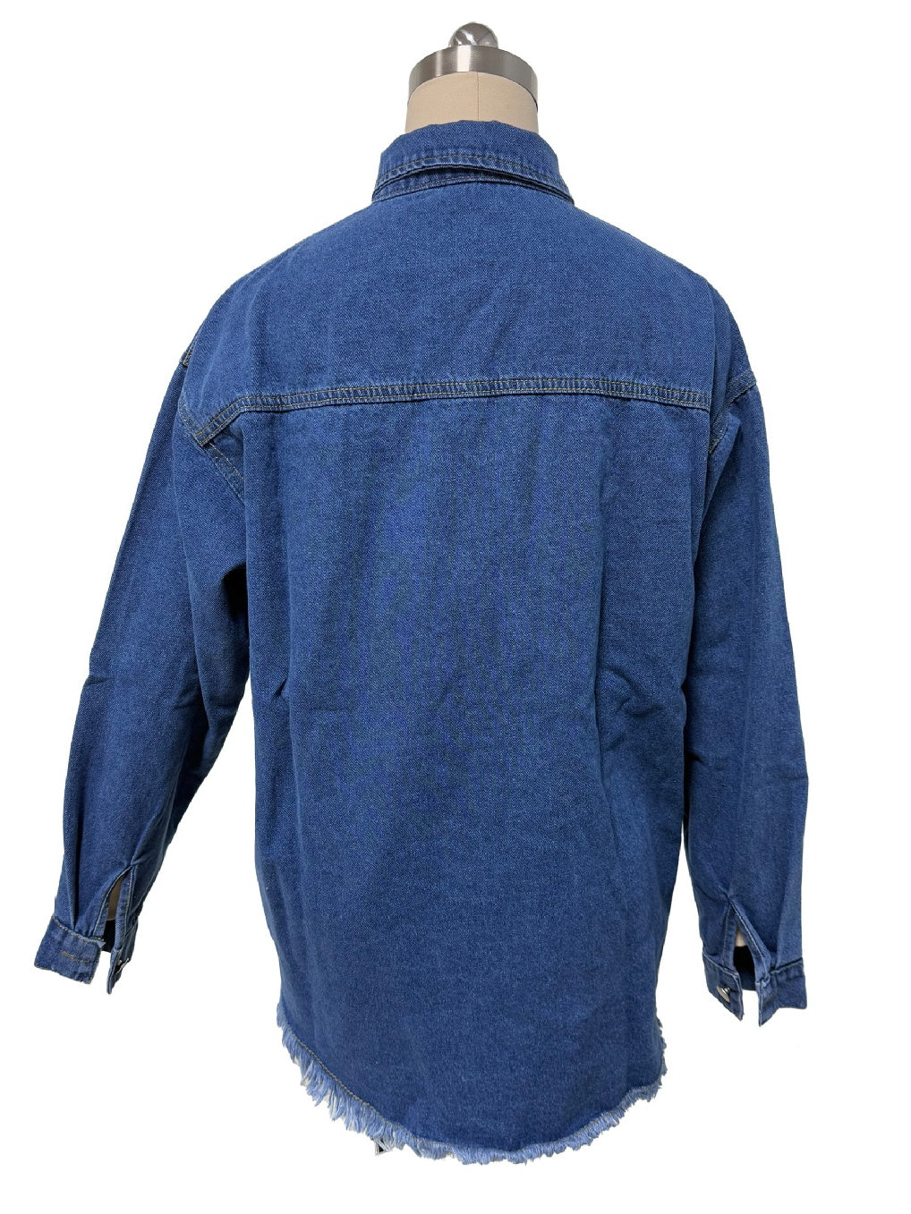 Raw Hem Longline Denim Shirt Jacket - MidiBlue - 1