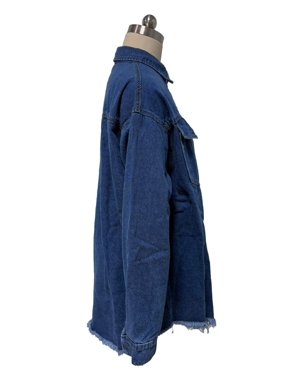 Raw Hem Longline Denim Shirt Jacket - MidiBlue - 2