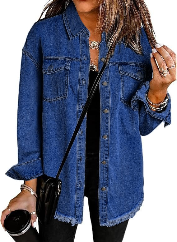 Raw Hem Longline Denim Shirt Jacket - MidiBlue - 3