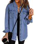 Raw Hem Longline Denim Shirt Jacket - blue