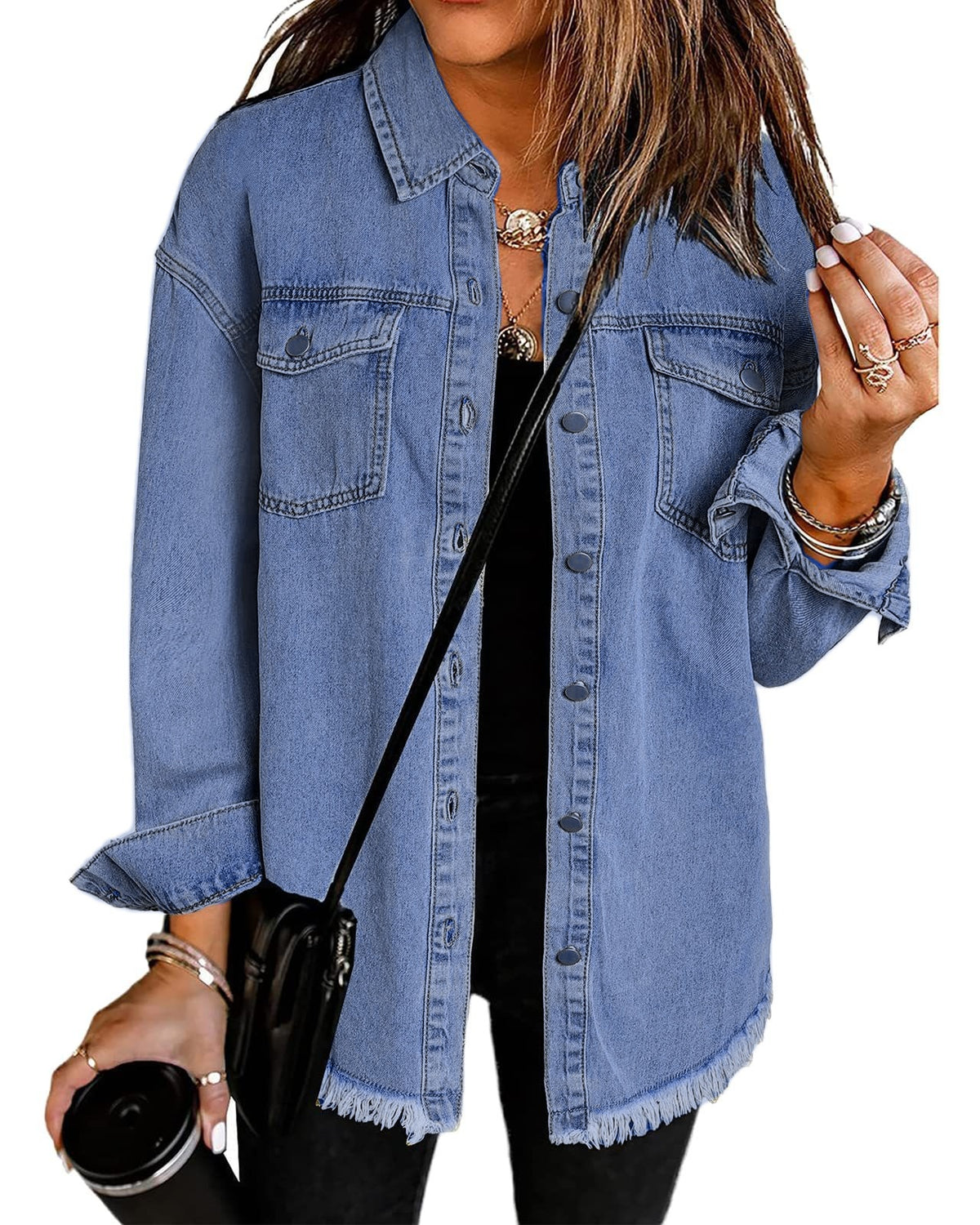 Raw Hem Longline Denim Shirt Jacket - blue