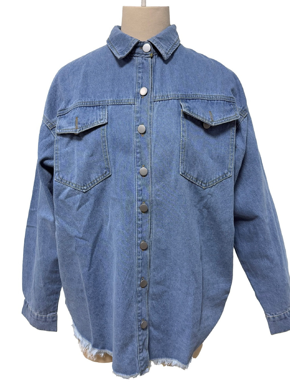 Raw Hem Longline Denim Shirt Jacket - blue - 1