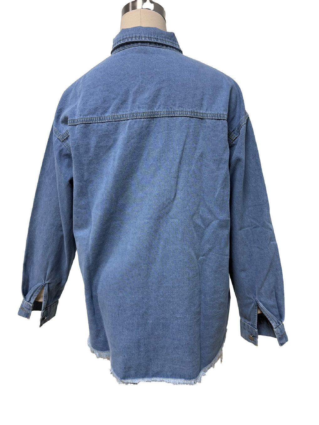 Raw Hem Longline Denim Shirt Jacket - blue - 2