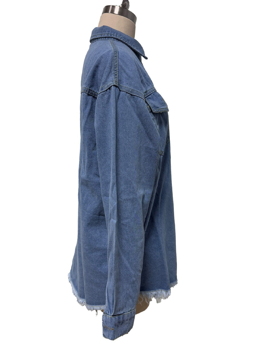Raw Hem Longline Denim Shirt Jacket - blue - 3