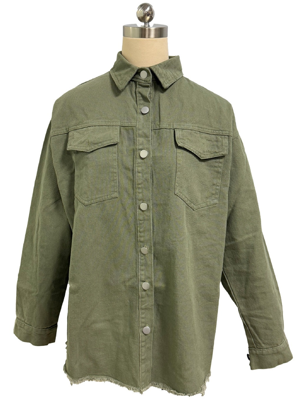Raw Hem Longline Denim Shirt Jacket - green