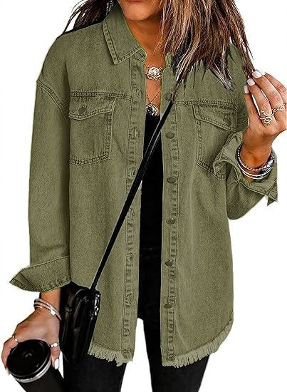 Raw Hem Longline Denim Shirt Jacket - green - 3