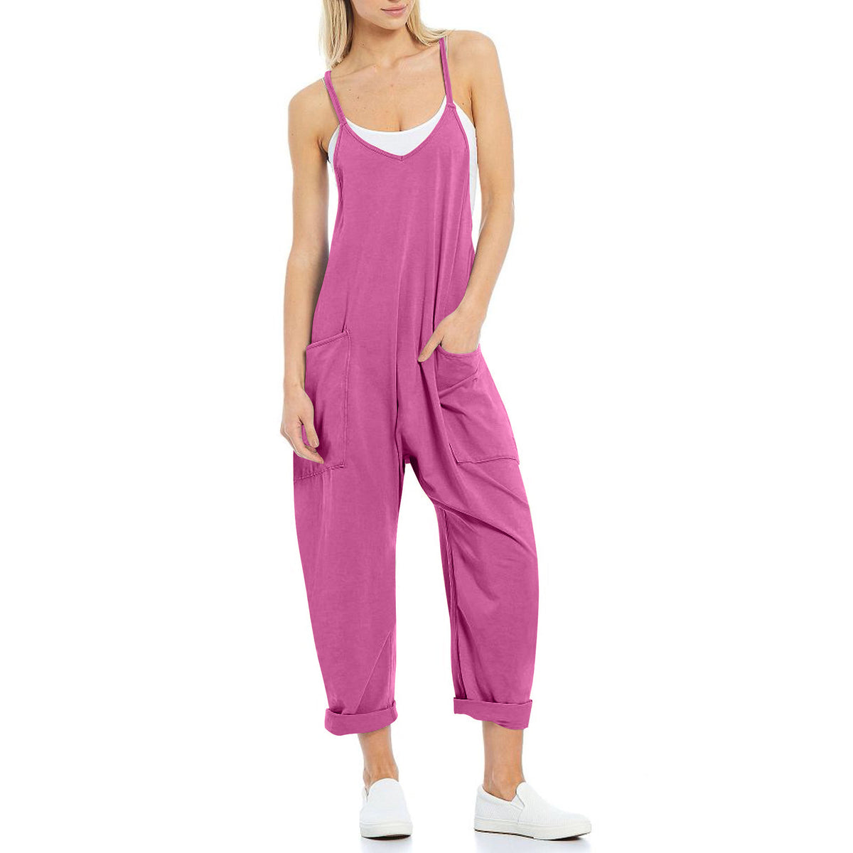 Sleeveless Slouchy Harem Jumpsuit With Pockets - Berry