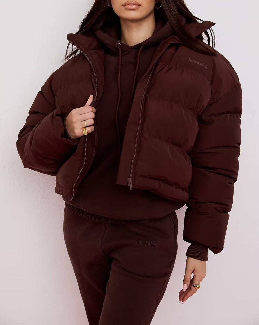 Cropped Oversized Funnel Neck Puffer Jacket - Coffee
