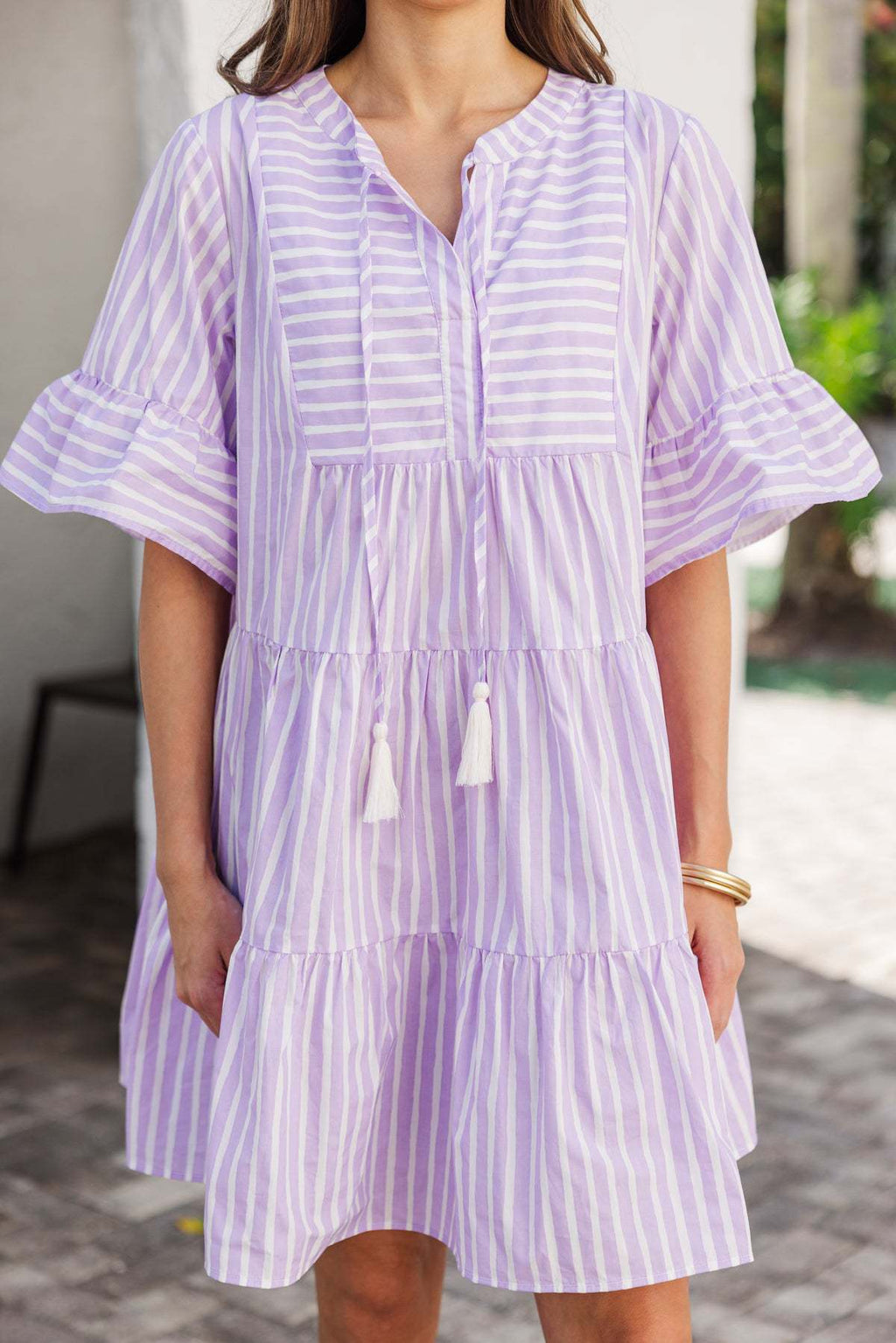 Striped Tassel Tie Tiered Mini Dress