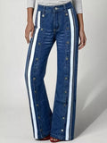 Side Stripe Buttoned Wide Leg Jeans - Blue
